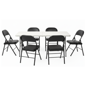 Pack Mesa Blanca 180 cm + 6 Sillas Negras Acolchadas