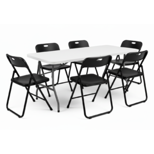 Pack Mesa Blanca 180 cm + 6 Sillas Negras