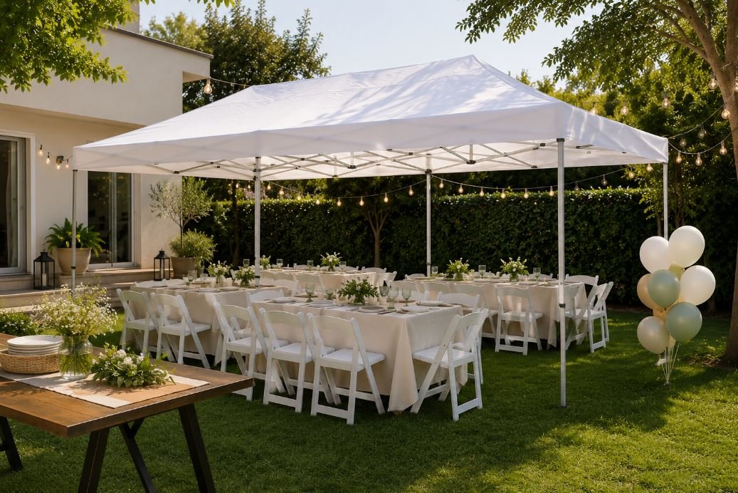 Carpa abierta con mesas y sillas para organizar una celebración en casa