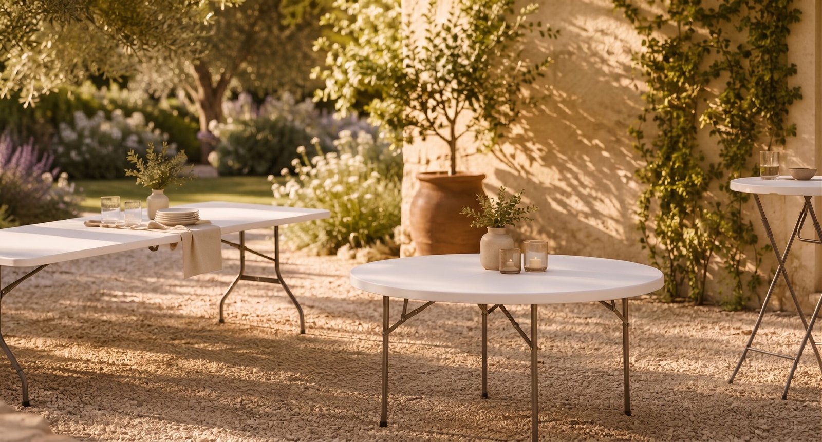 Mesa plegable utilizada en un jardín como superficie auxiliar para casa y exterior
