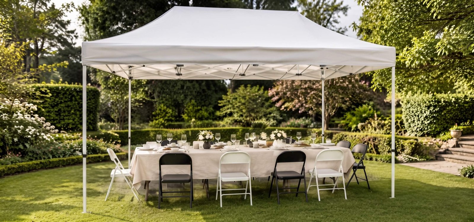 Montaje de mesas, sillas y carpa abierta para un evento corporativo en Madrid