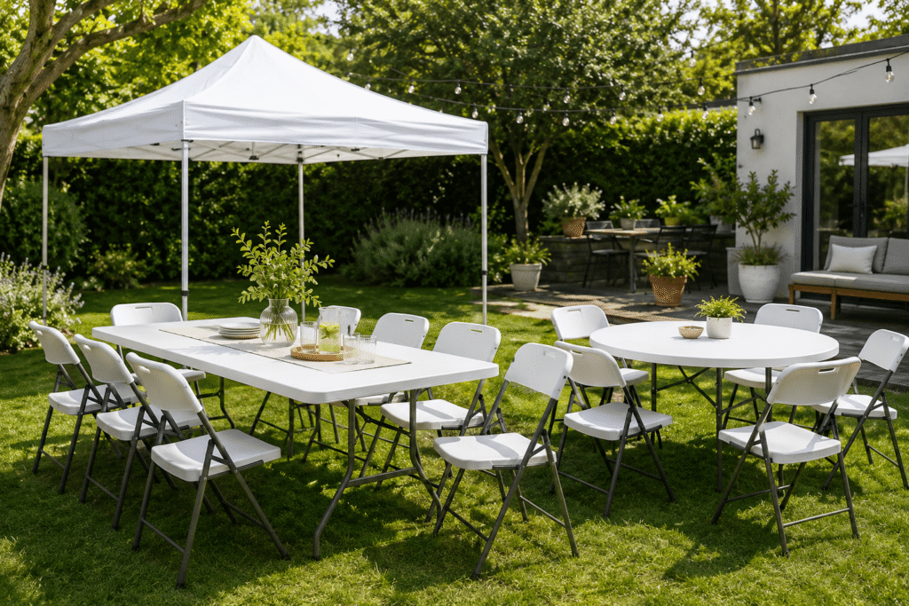 Mesas y sillas plegables con carpa abierta para casa, jardín y negocio