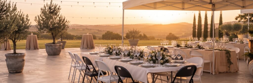 Montaje de mesas, sillas y carpa abierta en una finca para eventos en Madrid