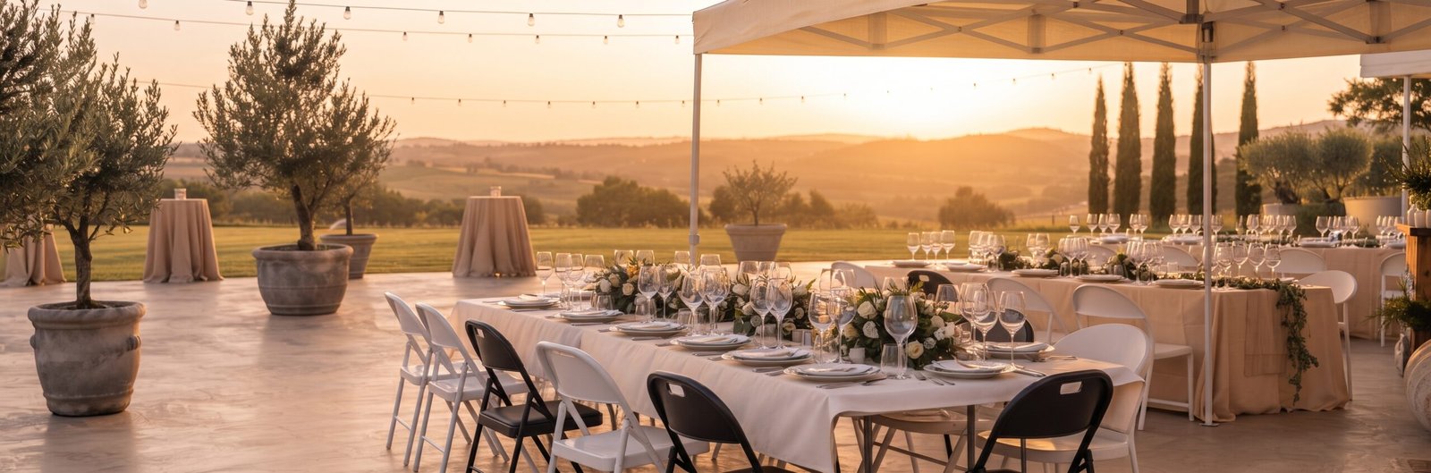 Montaje de mesas, sillas y carpa abierta en una finca para eventos en Madrid