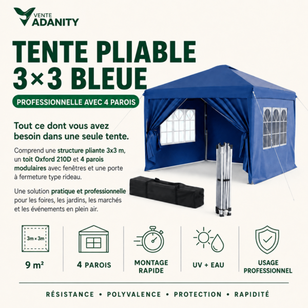 Carpa Plegable 3x3m Profesional Azul con 4 Paredes Modulares - Image 8