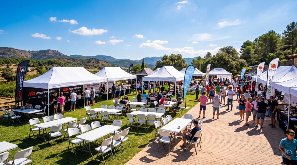 Mesas, sillas y carpa abierta preparadas para una feria profesional en Madrid