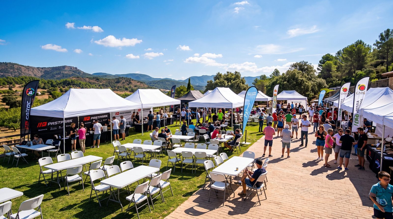 Mesas, sillas y carpa abierta preparadas para una feria profesional en Madrid