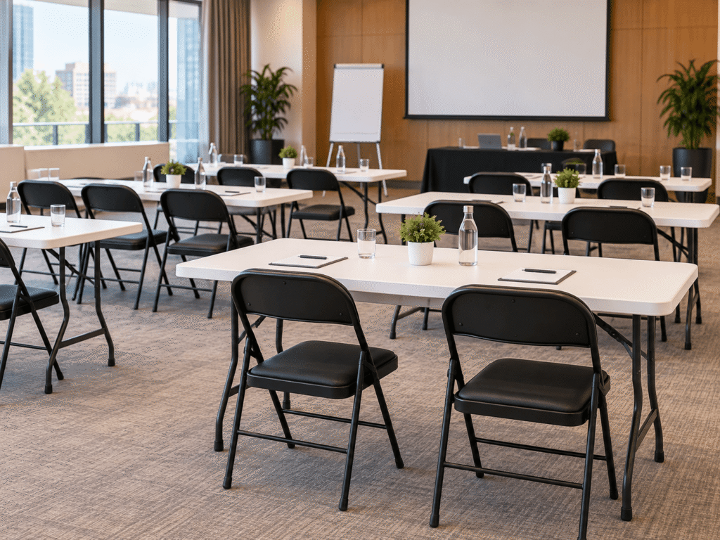 Mesas y sillas preparadas para un evento de empresa en Madrid