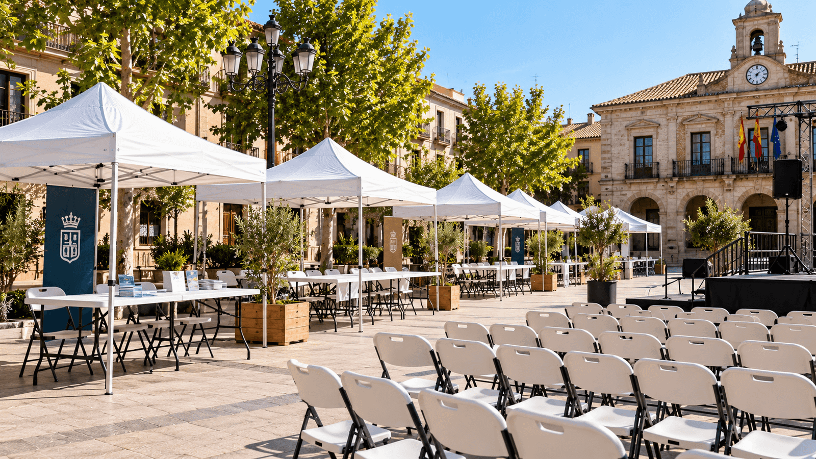 Mesas, sillas y carpas abiertas preparadas para un evento municipal en Madrid