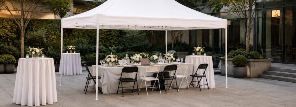 Carpa blanca abierta instalada para una boda al aire libre en Madrid