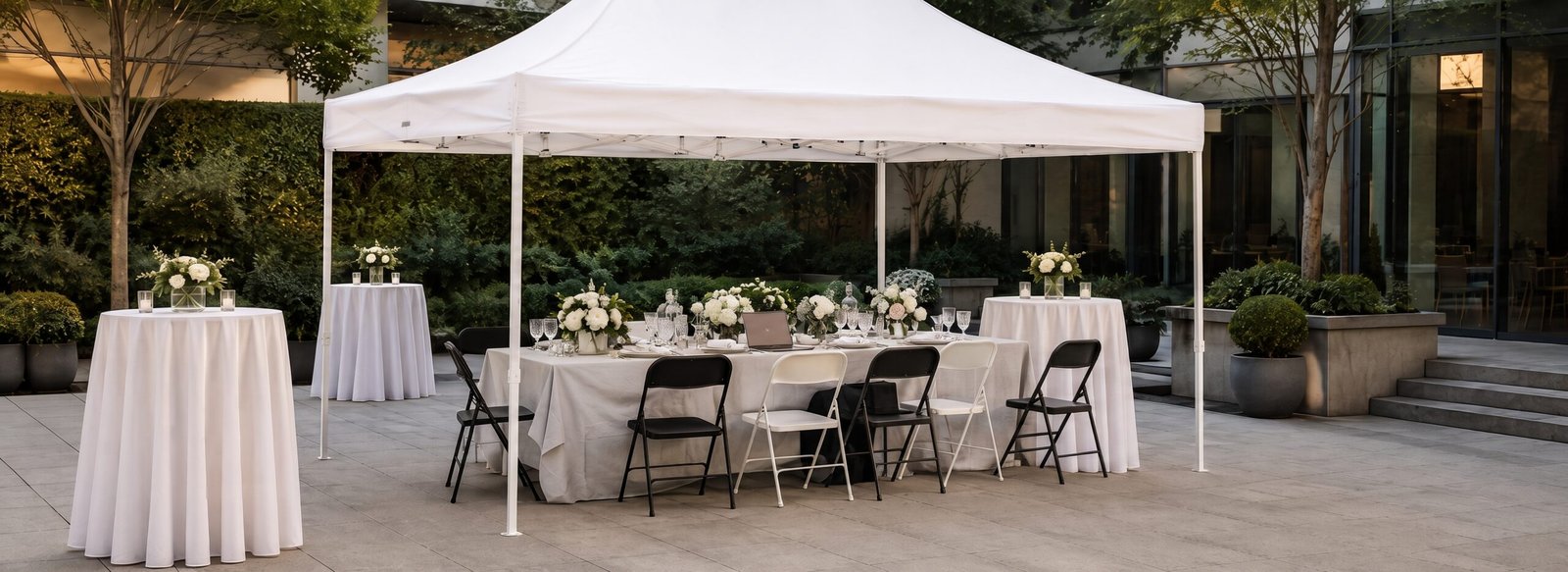 Carpa blanca abierta instalada para una boda al aire libre en Madrid
